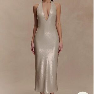 Meshki Carnation Sequin Halter Midi Dress